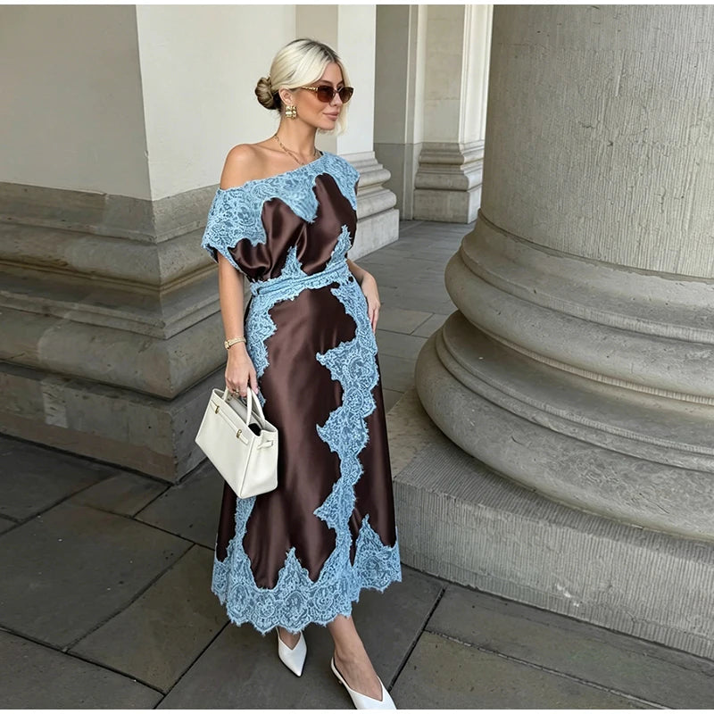 Elegant Lace Patchwork Long Women's Dress Urban Skew-collar Short Sleeve Empire Female Dresses 2026 Summer Vacation Lady Robe