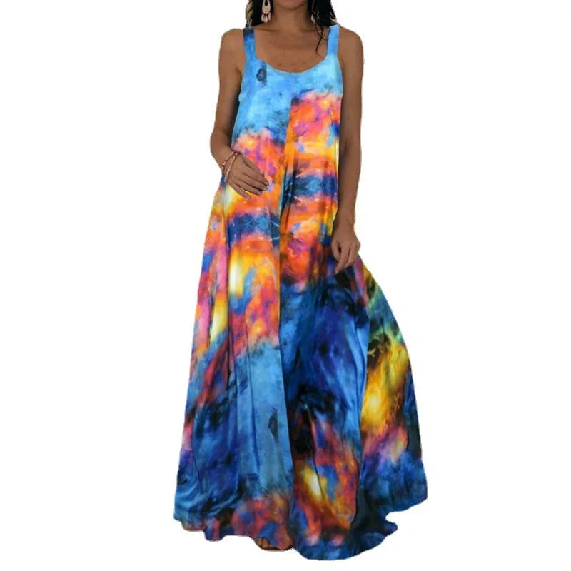 Women's Fashionable Flame Printed Sleeveless Dress  Summer Casual Printed Long Dress