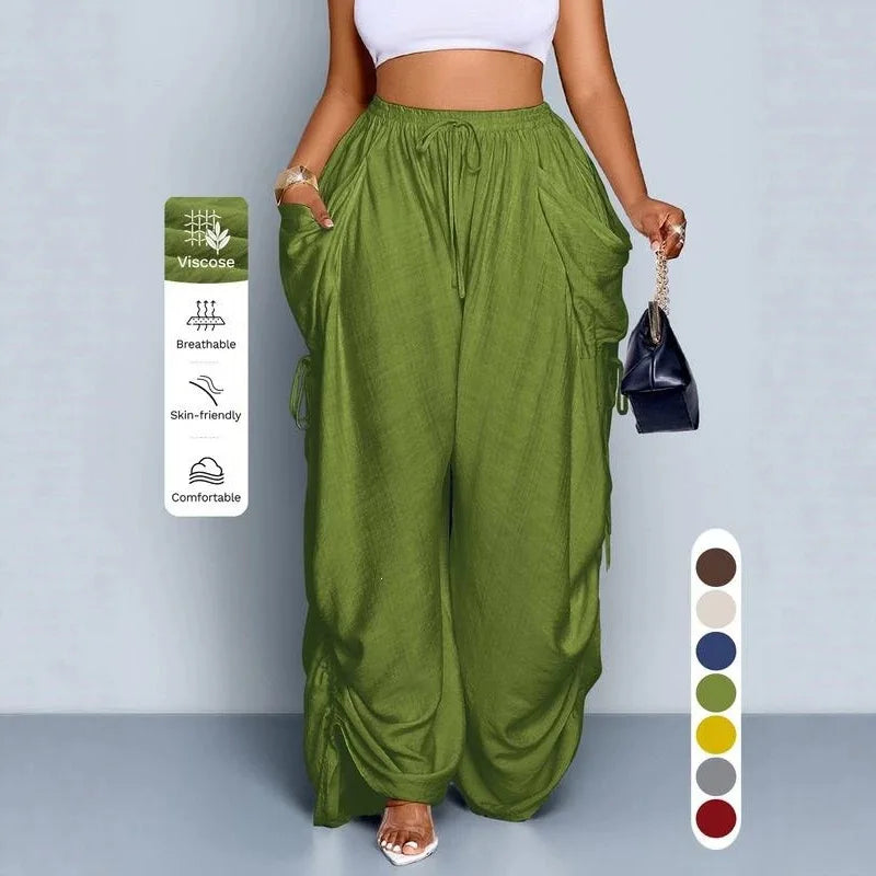Loose Wide Leg Pants Drawstring Elastic Waist Pure Color Casual Trousers Women's High Waist Straight Cut Summer Fashion