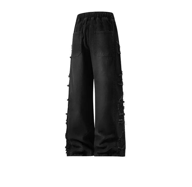 M-XXXL Men's Vintage Washed Jeans American Style Distressed Casual Denim Pants Autumn with Side Rips Drawstring Elastic Waist