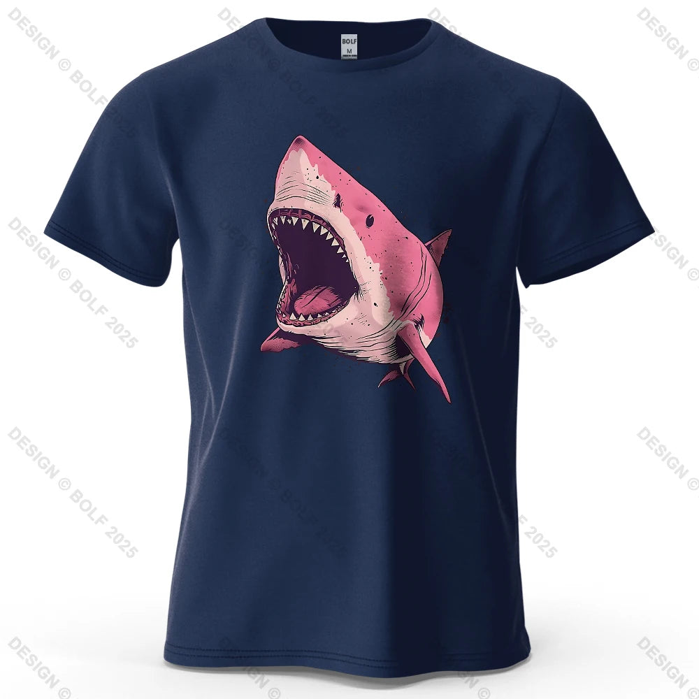 Pink Shark Cartoon Image Printed Men's T-Shirt 100% Cotton Oversized Marine Life Graphic Tees for Women Tops Tees Streetwear