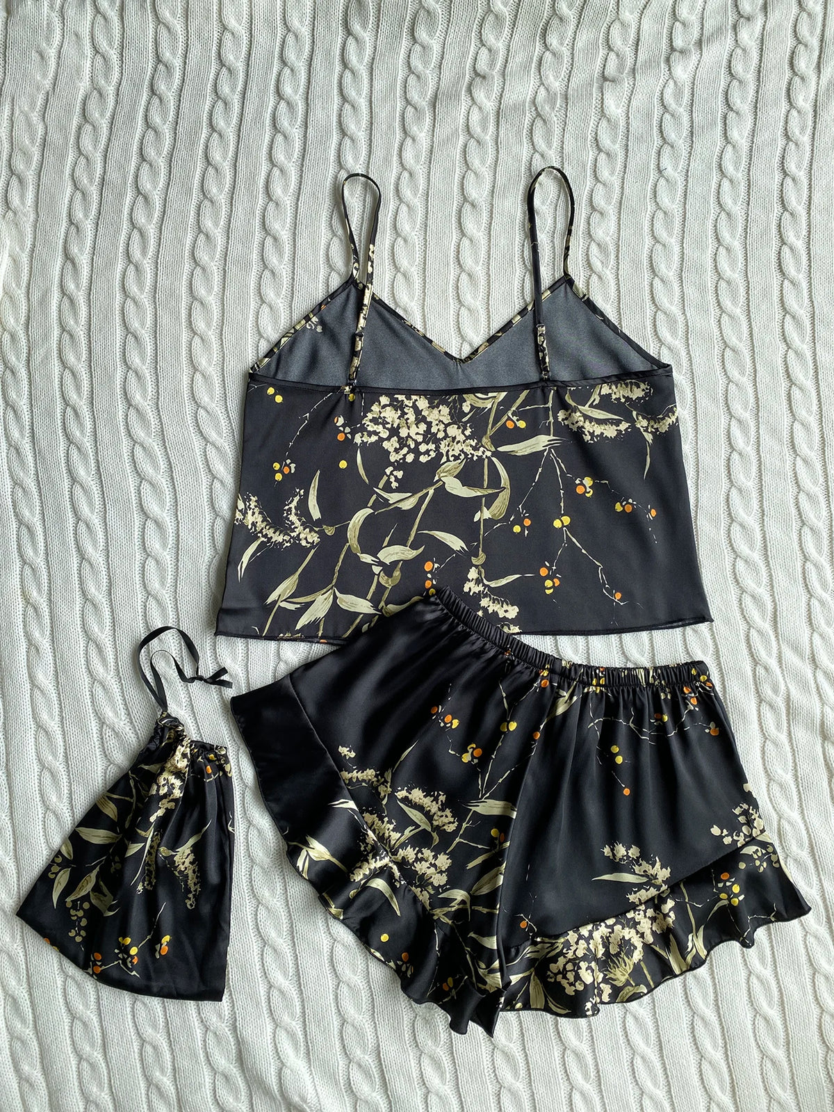 Elegant Floral Print Cami Tops Ruffle Hem Shorts Pajama Set  Women's Sleepwear Loungewear