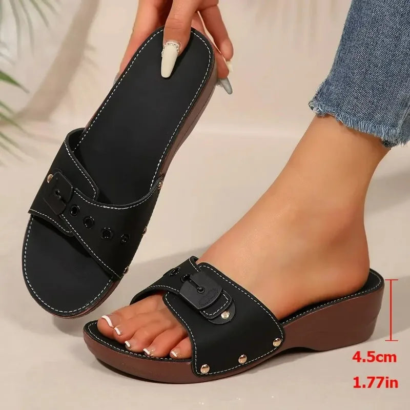 Women Platform Slippers Summer New Women Slip on Adjustable Belt Buckle Rivet Wedge Heel Sandals Female Casual Beach Shoes