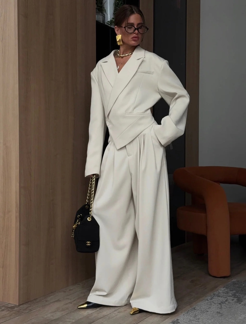 Elegant Irregular Women's Blazer Trouser Suits Single Button Lapel Full Sleeve Wide Leg Pants Lady Set 2026 2 Pieces Set Women