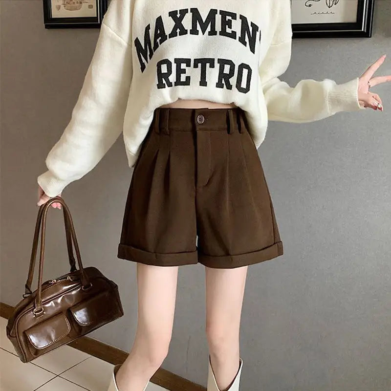 Women Office Lady Summer 2025 Solid Brown Thick High Waist Shorts Korean Style Wide Leg Boot Pants