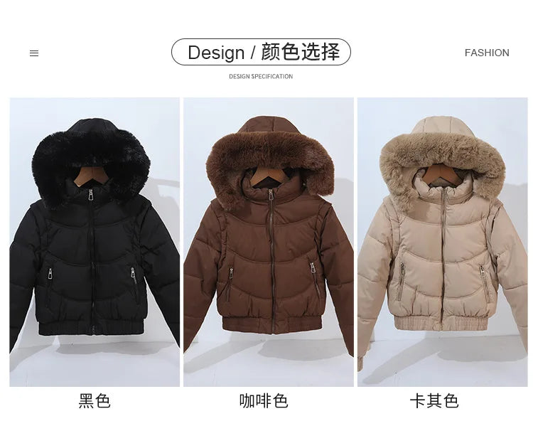 Winter Thickened Short Korean-Style Cotton-Padded Jacket with Fur Collar for Petite Women Warm Coat down Filled