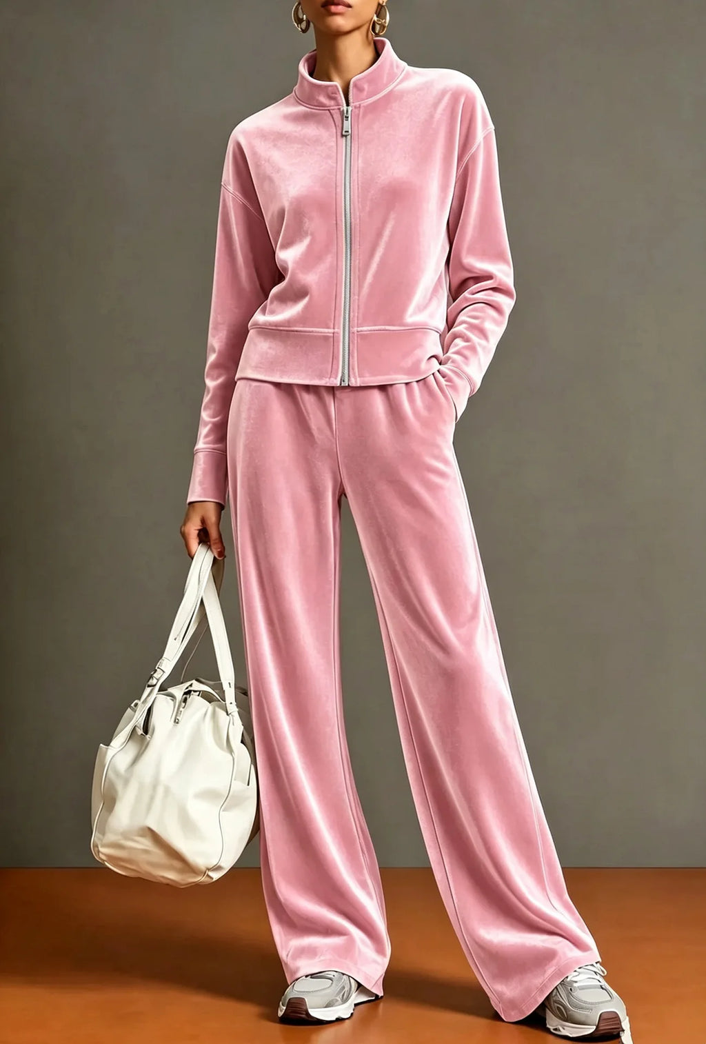 Women Solid Color Velvet 2 Piece Set Stand Collar Full Zip Jacket Wide Leg Pant Casual Sport Matching Outfit Autumn Winter Set