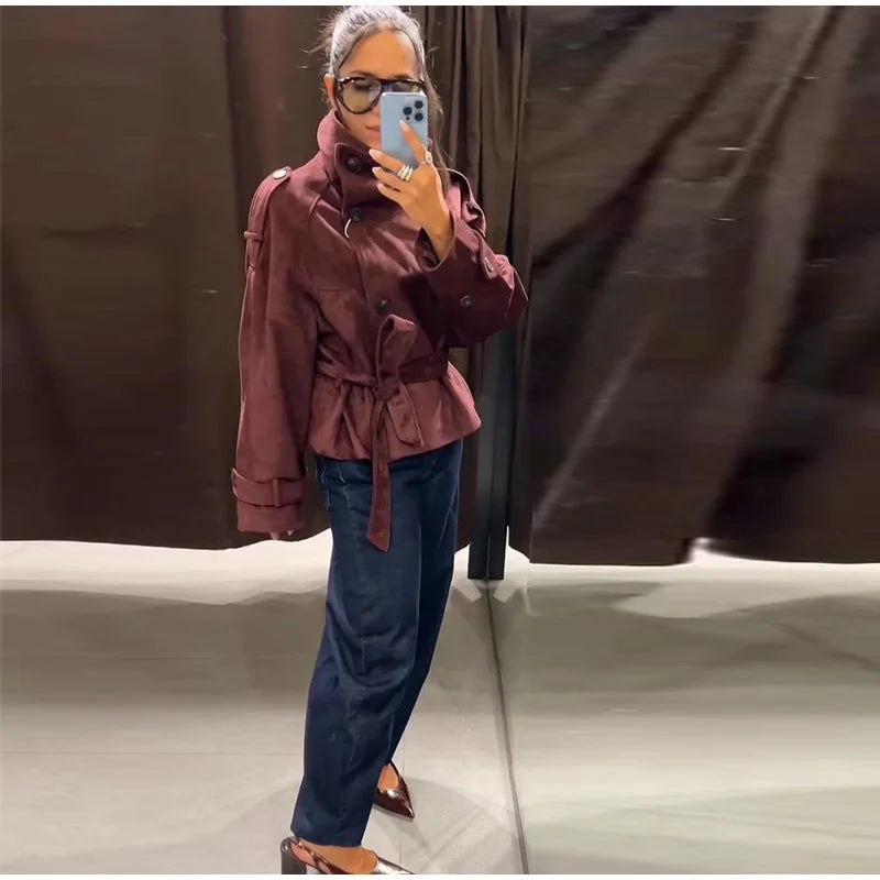 Faux Suede Women Winter Jacket Belted Waist Autumn Coat Stand Collar Short Jacket Cargo Jacket Daily Commute Wear Street Style