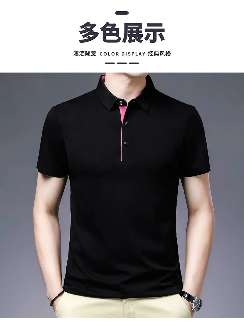 Bamboo Fiber Viscose And Cotton Blend Polo Shirt Men Short Sleeve Collar New Seamless T-shirt Summer Thin Lightweight Poloshirt
