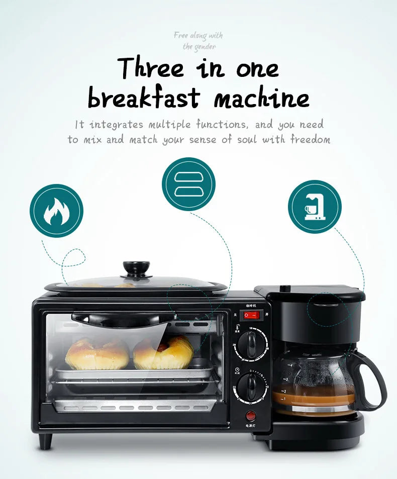 Multi Function 3in1 Breakfast Maker Electric Bread Roast Oven Steaming Coffee Pot Frying Fan In One Machine Kitchen Appliances