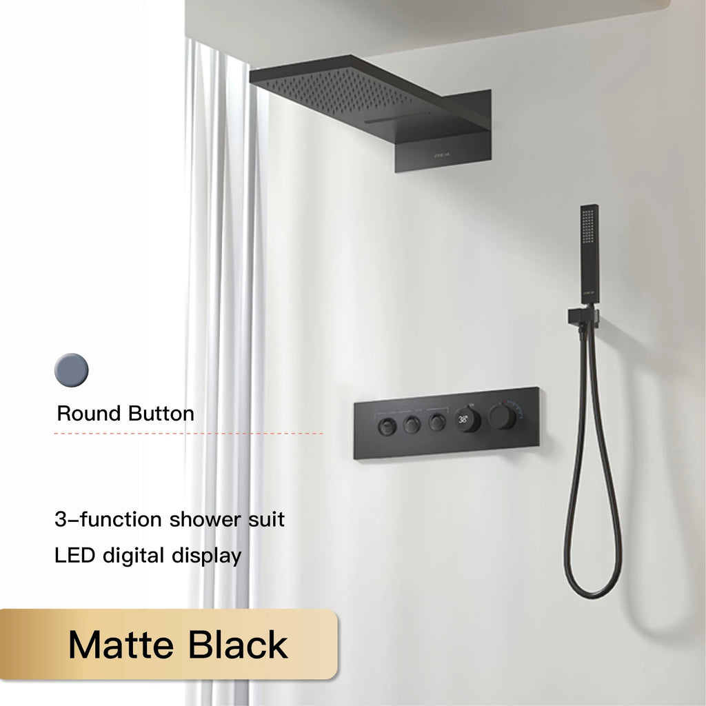 Luxury Black Brass Shower System, Wall Mounted Led Digital Display, Cold Hot Dual Control, Four Function Ceiling Shower Tap