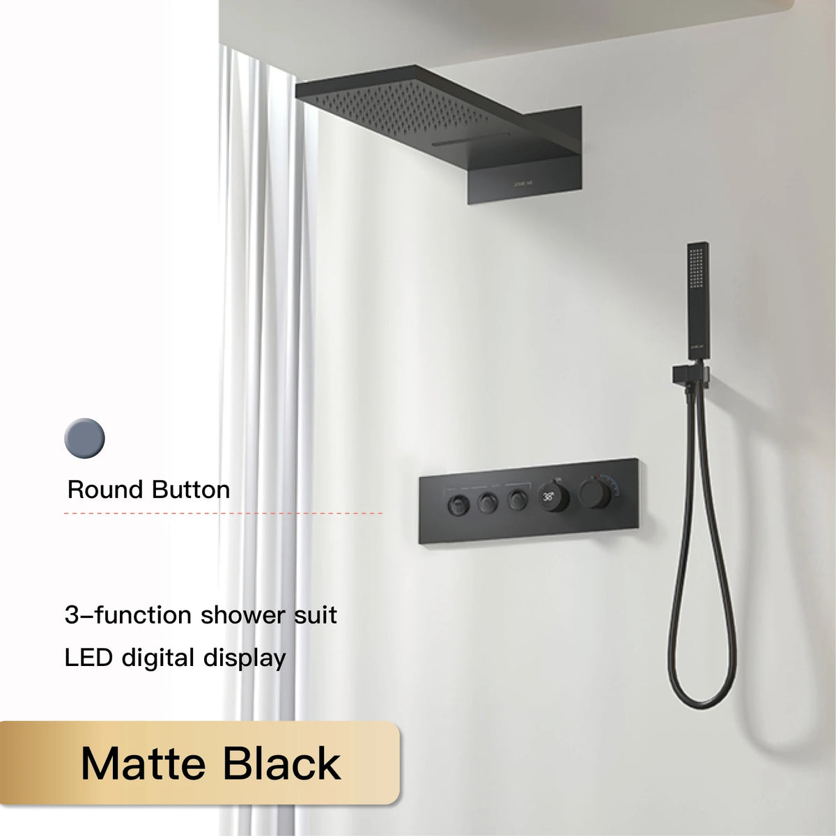 Luxury Black Brass Shower System, Wall Mounted Led Digital Display, Cold Hot Dual Control, Four Function Ceiling Shower Tap