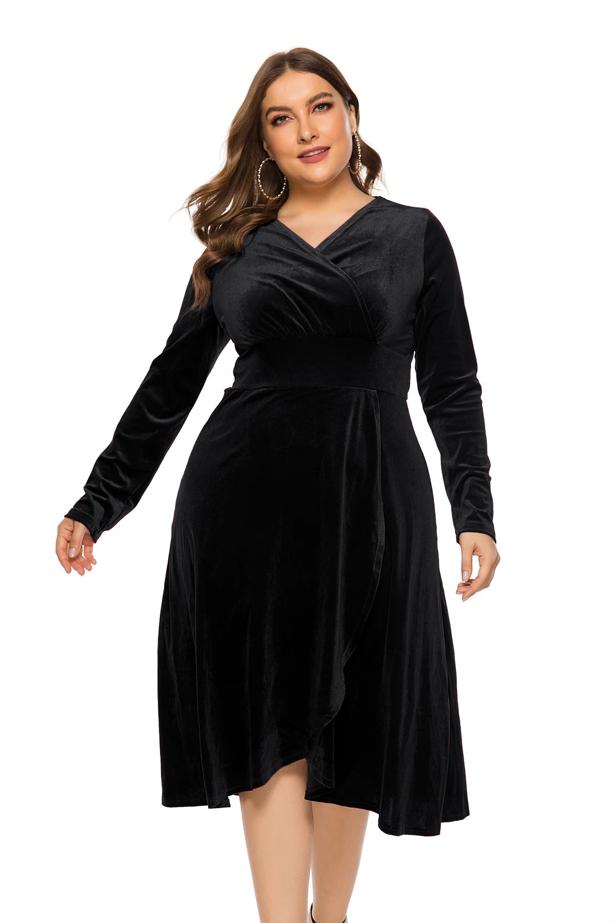 Plus Size New Arrival Fashional Long Sleeve V Neck Velvet Maxi Midi Dresses For Big Size Elegant Women