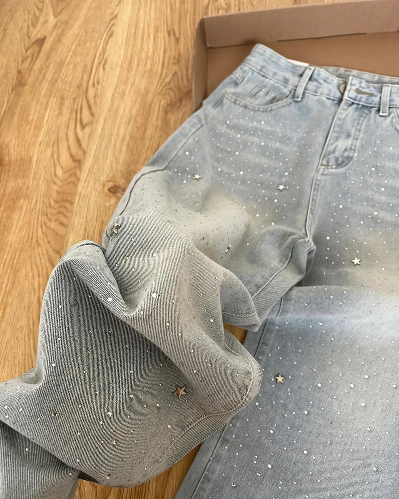 Elegant Light Blue Beaded Straight Denim Pants for Women High Waist Slim Fit Wide Leg Long Trousers