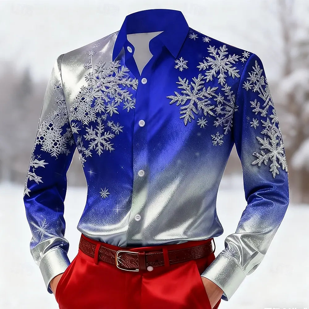 2025 Christmas Men's Snowflake Gradient Color Shirt  Dress Shirt Long Sleeve Fashion Casual Outdoor Holiday Spring Fall