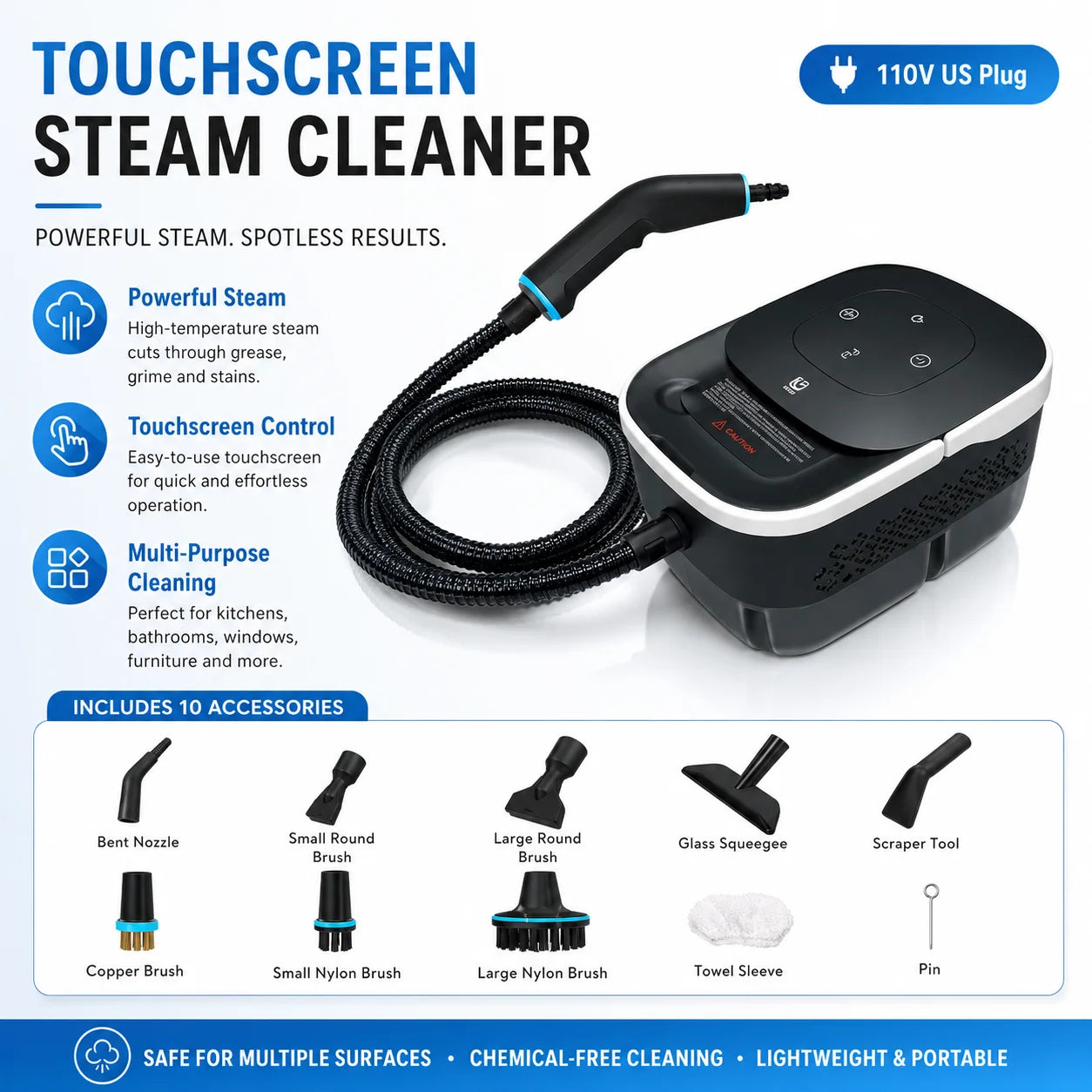 1500W Portable Steam Cleaner 110V Touch Screen Large Capacity Cleaning Machine For Mattress Sofa Carpet And Fabric Care