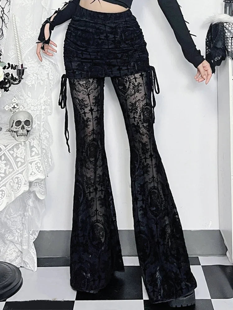 AltGoth Gothic Dark Flocking Pants Women Streetwear Aesthetic Emo Alt Grunge See Through Lace-up High Waist Flare Pants Female
