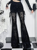 AltGoth Gothic Dark Flocking Pants Women Streetwear Aesthetic Emo Alt Grunge See Through Lace-up High Waist Flare Pants Female