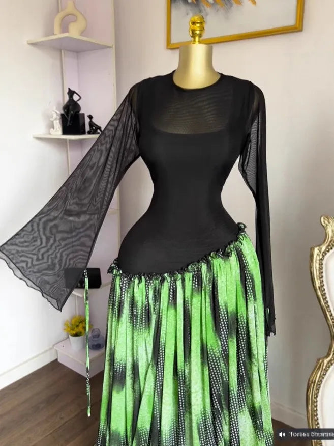 GLCMYAYA Women Mesh Print Full Sleeve O-neck Elegant Long Maxi Dress Fall Birthday Holiday Evening Sexy Party Dresses Vestidos
