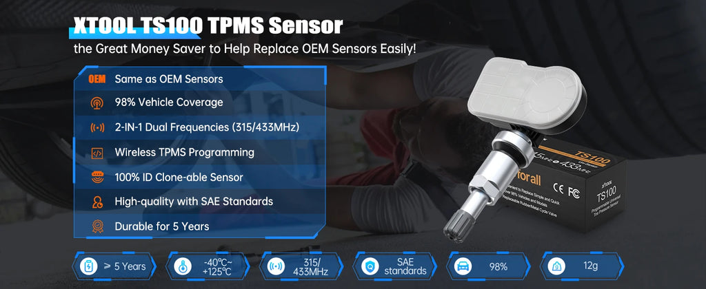 XTOOL TS100 PRO 4PCS Upgraded TPMS Sensor 315Mhz/433MHz Tire Pressure Monitoring Tester Programmed by XTOOL TP150/IP819TP
