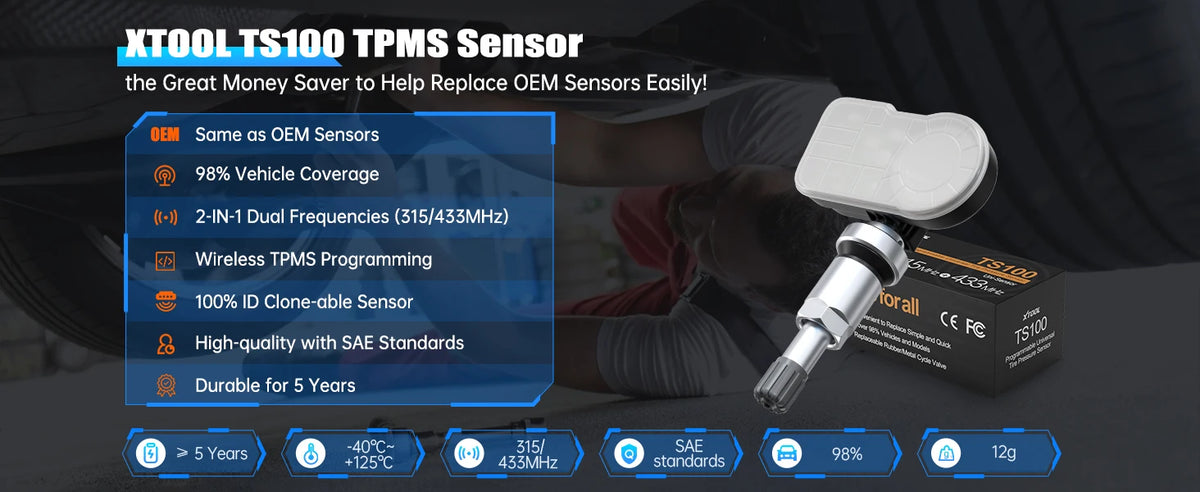 XTOOL TS100 PRO 4PCS Upgraded TPMS Sensor 315Mhz/433MHz Tire Pressure Monitoring Tester Programmed by XTOOL TP150/IP819TP