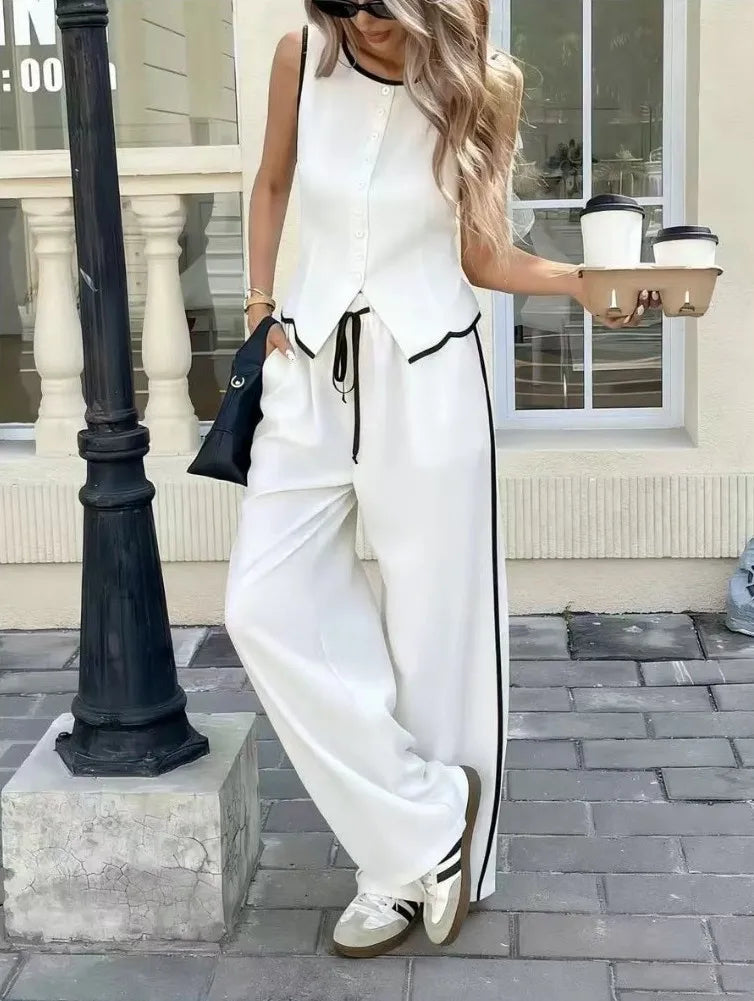 2026 New Multi Color Contrast Edge Tank Top and Trousers Suit Ladies Sleeveless Waistcoat Loose Pants Daily Travel Streetwear