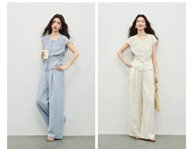 SENTUBILA Women's Office Set 2026 Summer New Blue Button Shirred Drawstring Slim Top Straight Pant 2 Piece Sets 162ZK6231