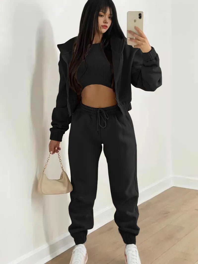 3 Set Long Pants Full Length Elegant Women Sets with Hooded Sweatshirt Top Regular Sleeve Winter Spring Autumn Streetwear