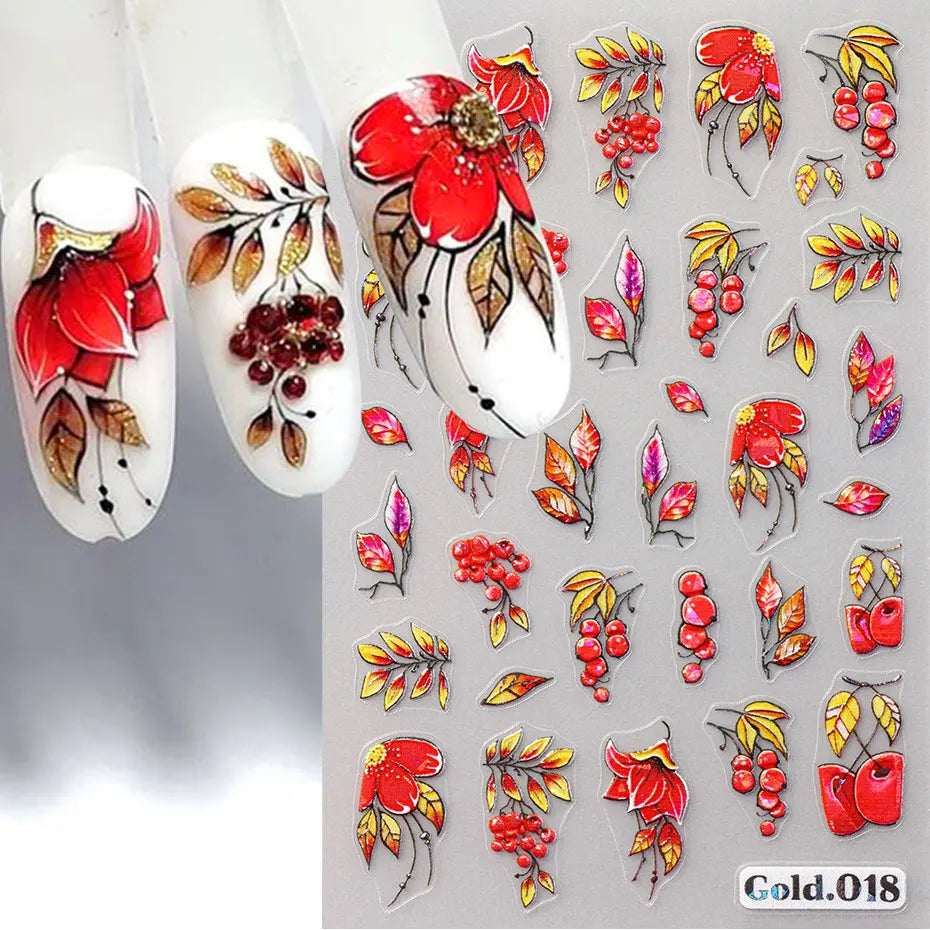 2/4pcs 5D Laser Autumn Bird Decals Fall Embossed Maple Leaves Squirrel Nail Sticker Fruits Flower Engraved Charm Manicure Decor