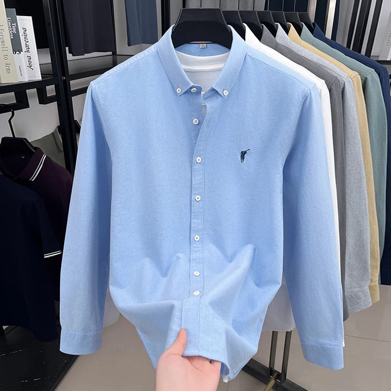 High End 100% Pure Cotton Long Sleeved Men's 2026 Spring Fashion Solid Color Business Casual Small Horse Logo Shirt