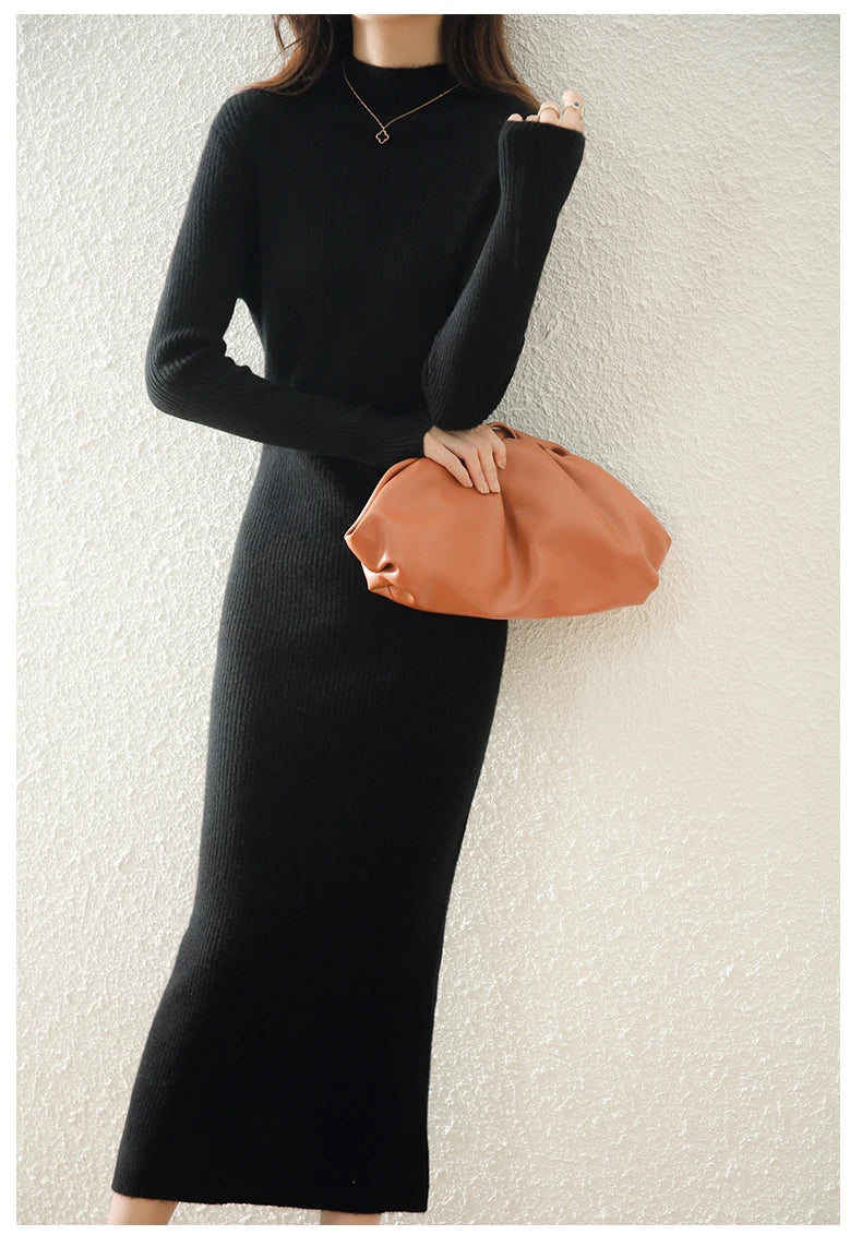 Autumn and winter semi high neck drawstring high elasticity slim fit 100% wool pullover dress, mid length over knee cashmere