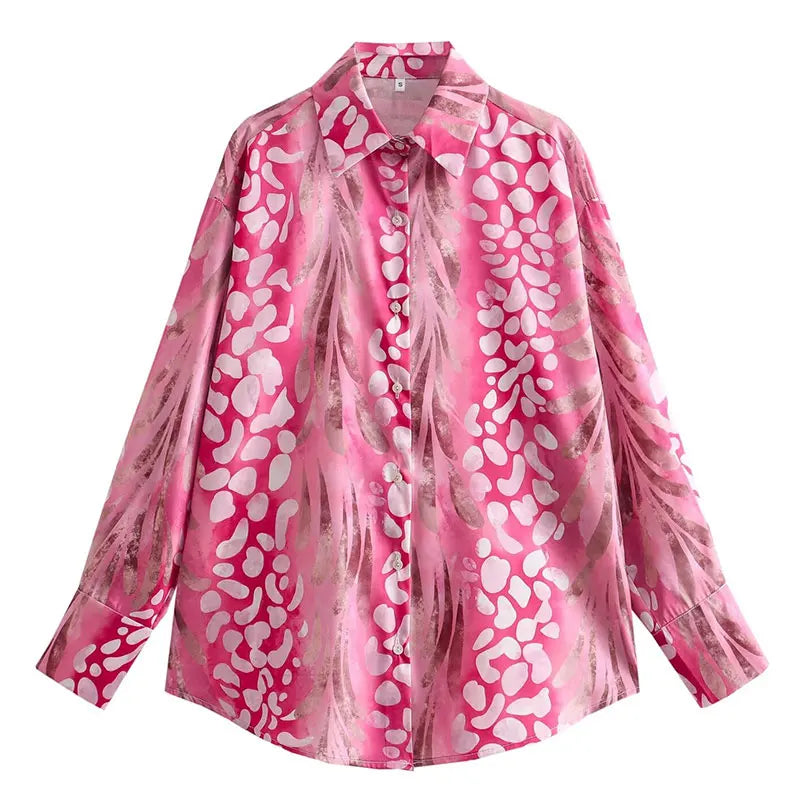 HH 2025 Spring Women Fashion 2 Piec Suits Satin Lapel Loose Woman Shirt Top + Vintage Folds Holiday Style Female Skirt