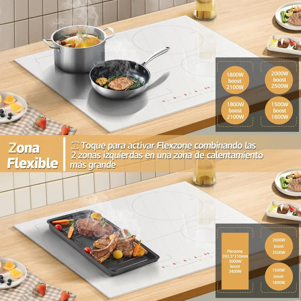 Karinear Induction Hob 4 Zones with Plug, 59CM, 3500W, White Ceramic Glass, Combination Zones, Sliding Controls, 9 Power Levels