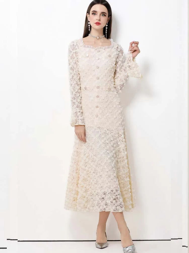 Elegant Square Neck Lace Three-Dimensional Flower Trumpet Sleeve Slim Fit Dress 2025 New Fashionable Autumn Women'S Clothing