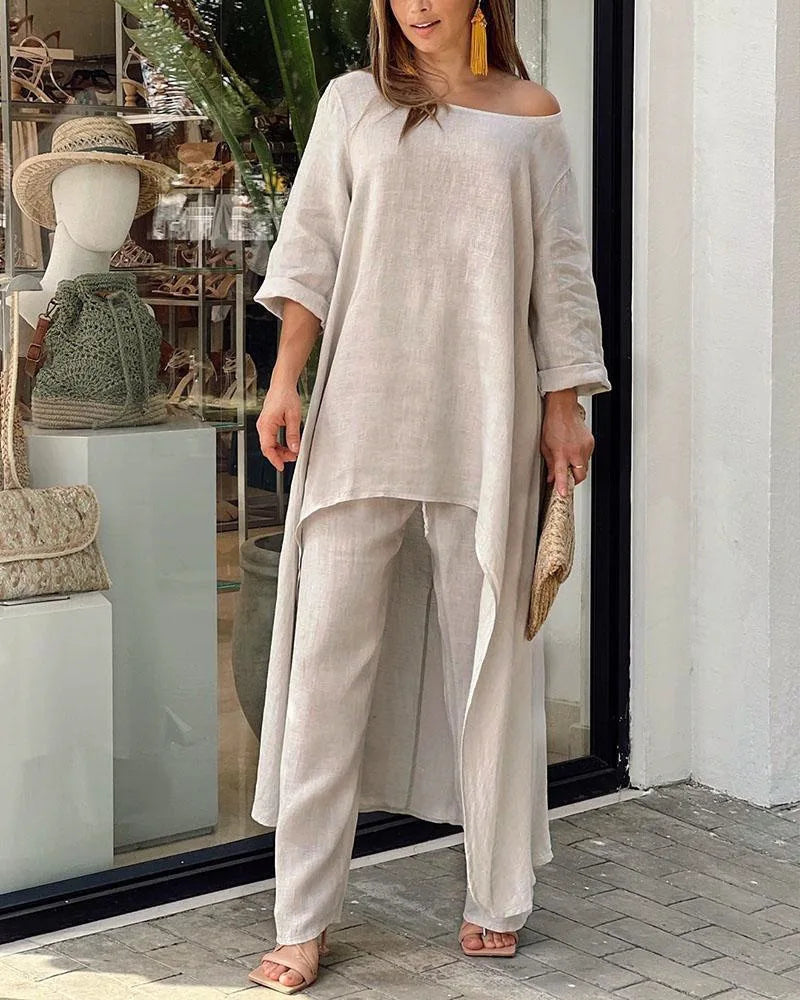 2025 Loose New In Matching Sets Two Piece Outfit 2 Pieces Set For Woman Solid Color Irregular Hem Long Sleeves Wide Legs Trouser