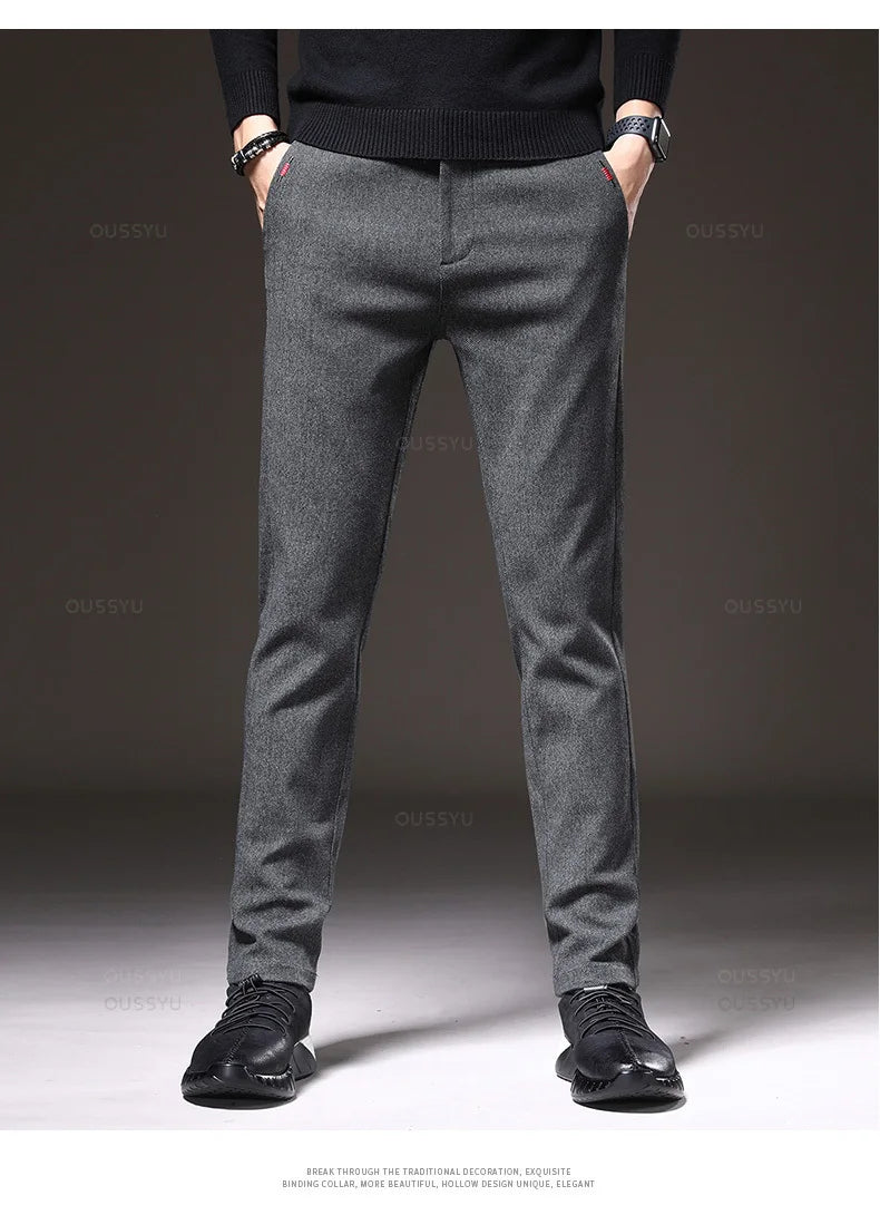 Autumn  Winter New Classic Casual Pants Men Thick Business Korea Slim Fit Stretch Gray Blue Black Brushed Fabric Trousers Male