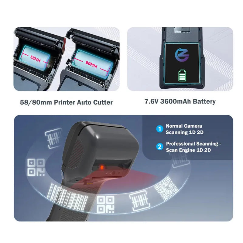Android 14.0 Handheld POS Terminal Sales Point Cash Register with 6.26-inch Screen NFC Scanner 58/80mm Thermal Receipt Printer