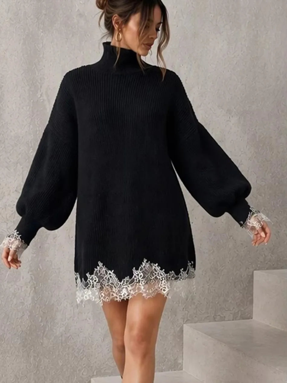 Women's Black Knitted Turtleneck Sweater Dress Lace Splice Mini Dress Fashion Spring Autumn Vintage Casual Retro Loose Dress