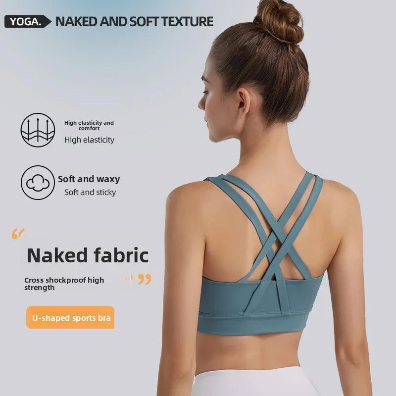 2026 New Cross‑Back Nake Feeling Sports Bra Women High Support Shockproof Push‑Up Removable Pads Outerwear Yoga Gym Training Bra