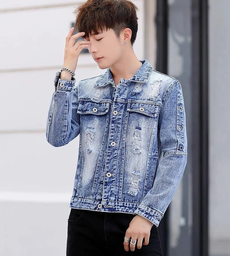 Ripped Button Men's Denim Jacket Washed Branded of Fabric Trendy Casual Original Aesthetic Fashion Male Jean Coats Fast Delvery