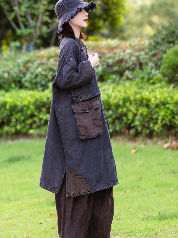 Amax LuluE Spring Chinese Womens Casual Oversized Patchwork Denim Dress Ladies Vintage Loose Fashion Vestidos Classic Clothing