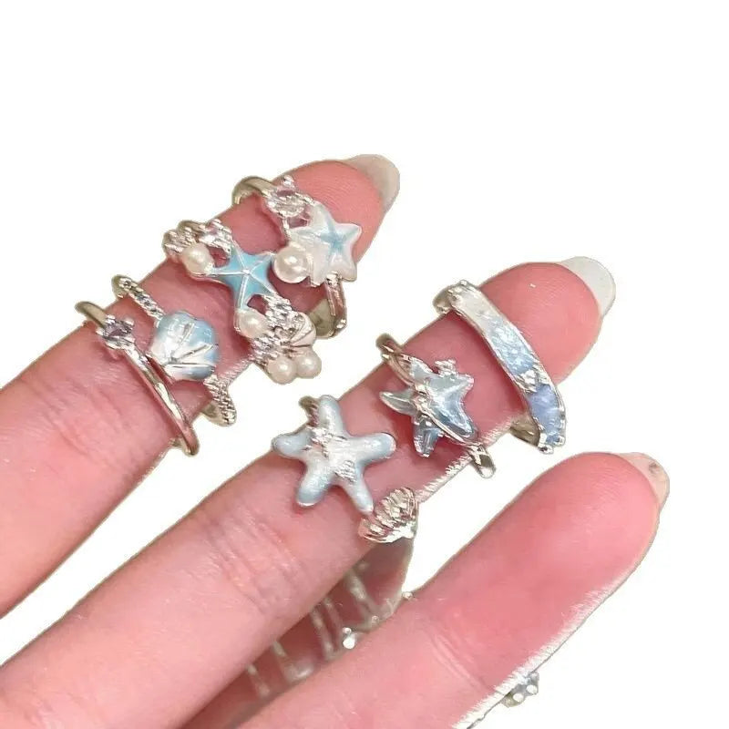 Sweet Blue Starfish Shell Rings for Women Girls Fashion Imitation Pearl Open Rings Summer Ocean Vacation Jewelry Accessories
