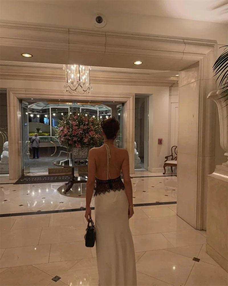 Mozision Summer Backless Sexy Maxi Dress Women Gown Patchwork Lace Halter Deep V Neck Sleeveless High Waist Elegant Long Dress