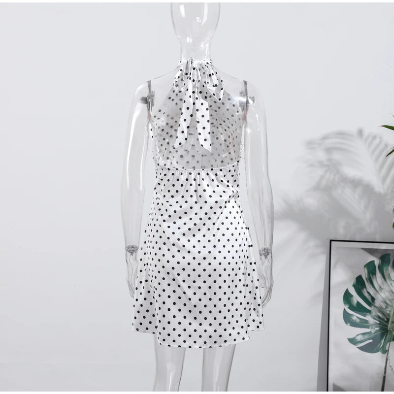 Fashion Lace Up Polka Dot Mini Dress Women Square Collar Short Sleeve Satin Party Dresses2026 Summer Lady Elegant Beach Robe New