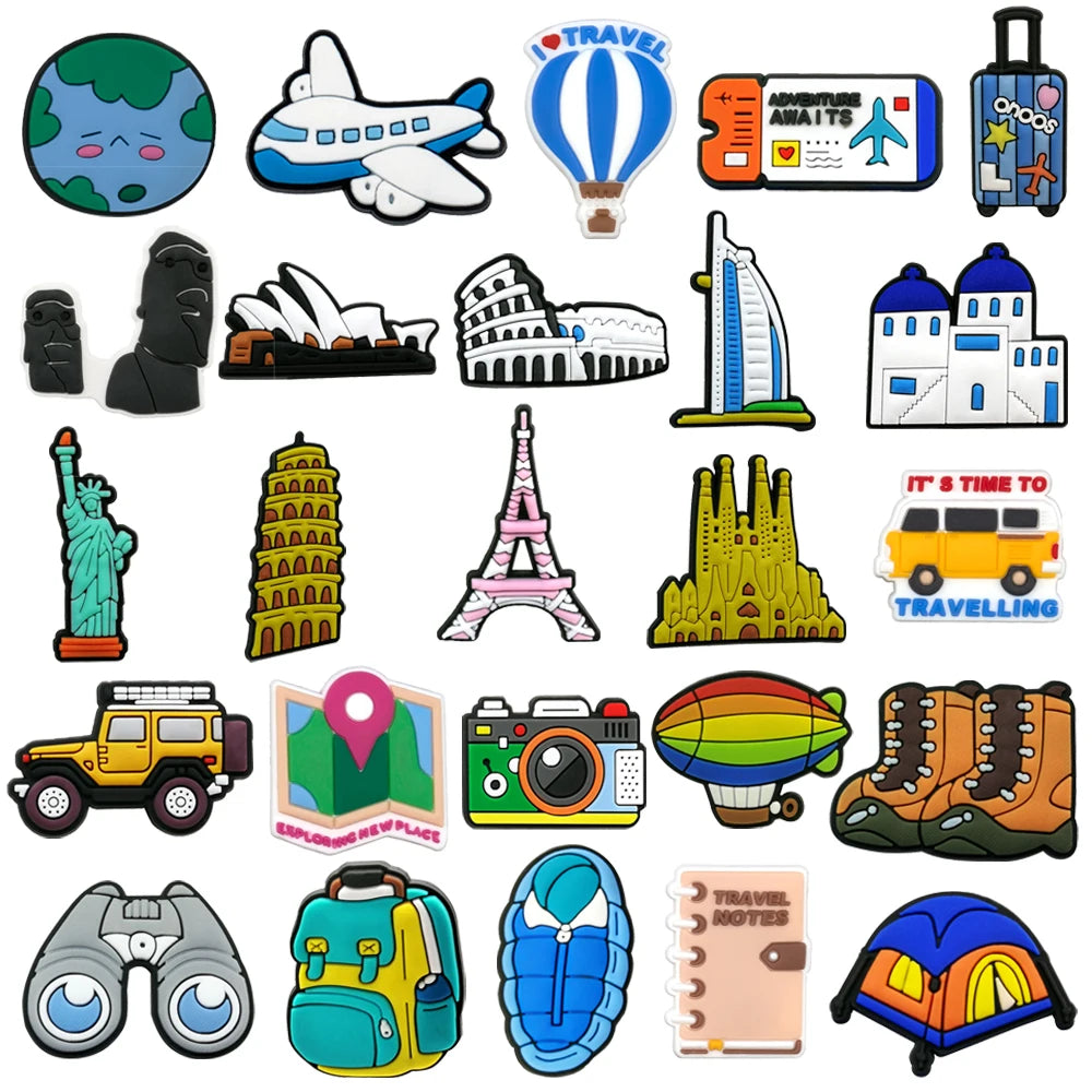 1/25pcs World Travel Shoe Charms Eiffel Tower Shoe Decorations Leaning Tower of Pisa Statue of Liberty Garden Sandals Accessory
