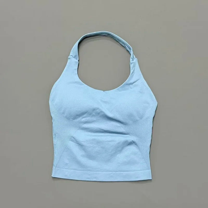 Halter Yoga Tank Top Women Sexy Seamless Strappy Backless Slim Fit Padded Breathable Gym Fitness Running Workout Sports Tops