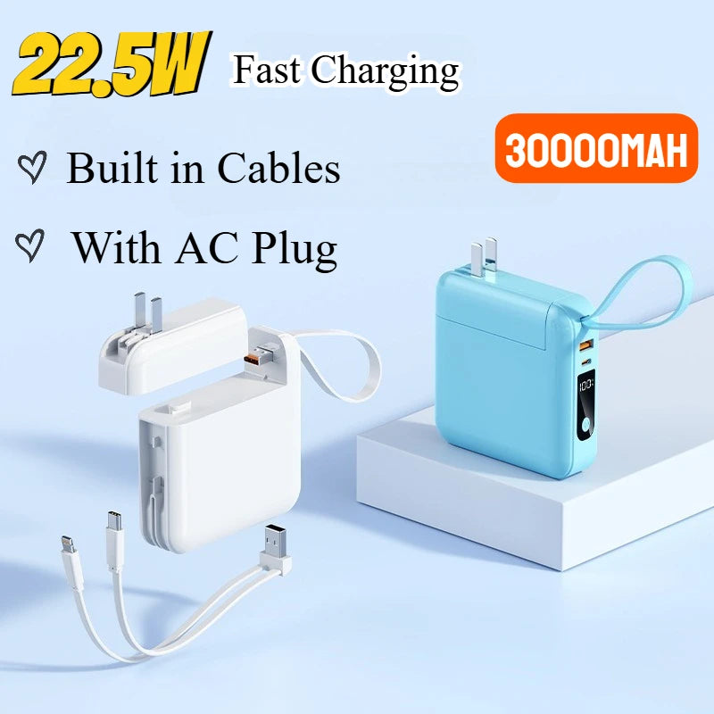 30000mAh Power Bank Built in Cable with AC Plug Wall Charger 22.5W Fast Charging Powerbank for IPhone Xiaomi External Battery