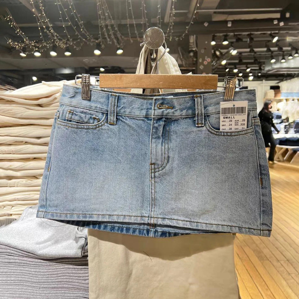 Vintage Denim Straight Mini Skirts Women Sexy Low Waist Pockets A-line Short Faldas Casual Streetwear Summer Cotton Skirt Y2k