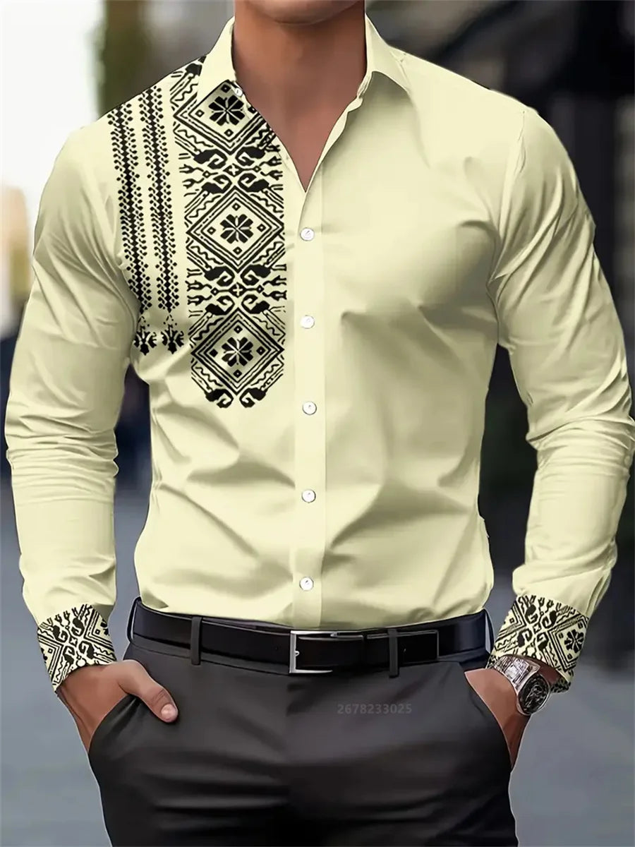 Men's shirt 3D printing retro ethnic style long-sleeved casual shirt high quality fashion lapel versatile top xs-6XL size