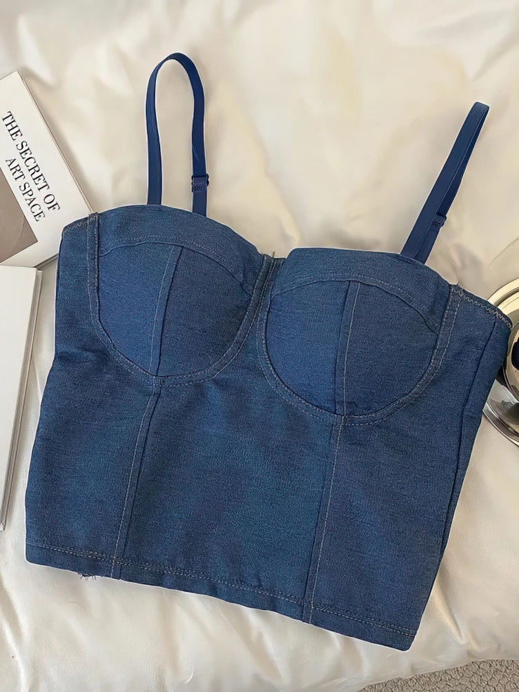 Denim Crop Top Camis Women Push Up Padded Bra Backless Sleeveless Sexy Corset Coquette Tube Top Seamless Underwear Thin Straps